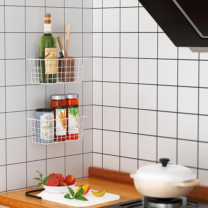 MaraFansie Hanging Wire Baskets Kitchen Storage Basket Adhesive and Screws Basket Over the Cabinet Door Organizer with Adhesive Strips and Screws Accessories, 2 Installations, 2 Pack, White-NeatNest