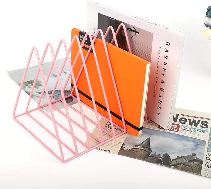 EASEPRES Vinyl Record Holder Storage, 9 Slot Metal Magazine Book Album Display Rack, Stylish Triangle Desktop File Sorter Organizer for Home Office, Pink Pack of 2