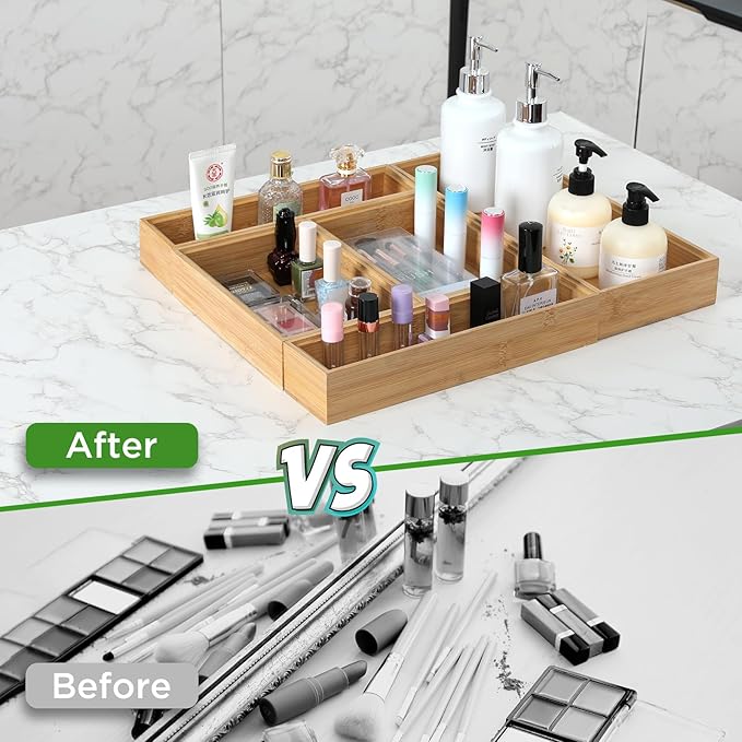 Bamboo Drawer Organizer, 2PCS Stackable Storage Boxes for Utensil Organizer, Wood Tray for kitchen, Bathroom and Bedroom 9" x 6" x 2"-NeatNest