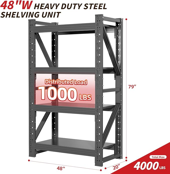 48" W Garage Shelving,4-Tier Heavy Duty Storage Shelves Unit with Adjustable Metal Shelf for Warehouse,Basement,Workshop,4000LBS,48" W x 20" D x 79" H,Black-NeatNest