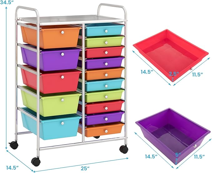 Giantex 15-Drawer Organizer Cart Office School Storage Cart Rolling Drawer Cart for Tools, Scrapbook, Paper (Multicolor)