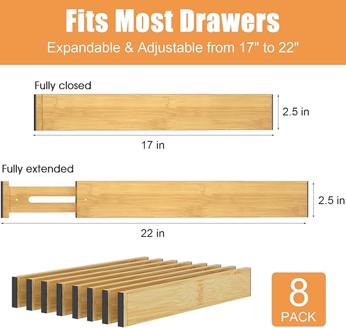 Bamboo Drawer Dividers,17-22" Adjustable Kitchen Drawer Organizer for Clothes,8 Pack Expandable Drawer Organization Separators for Bedroom,Bathroom,Dresser and Office,Natural-NeatNest
