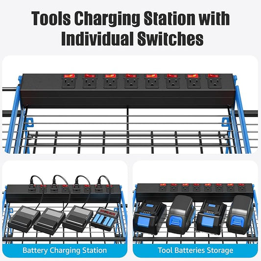 CCCEI Blue Power Tool Organizer Wall Mount, Large Tools and Battery Storage Rack Charging Station Individual Switches. Drills Holder, Garage Utility Shelves with 6FT Power Strip. Gift for Men.-NeatNest