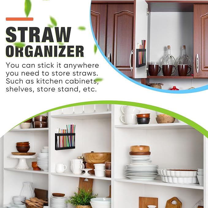Acrylic Straw Holder for Cabinet Door with Double Sided Adhesive Tape Reusable Straw Organizer Tumbler Storage Kitchen Accessories Container for Counter Cupboard(Classic,Large,Black)