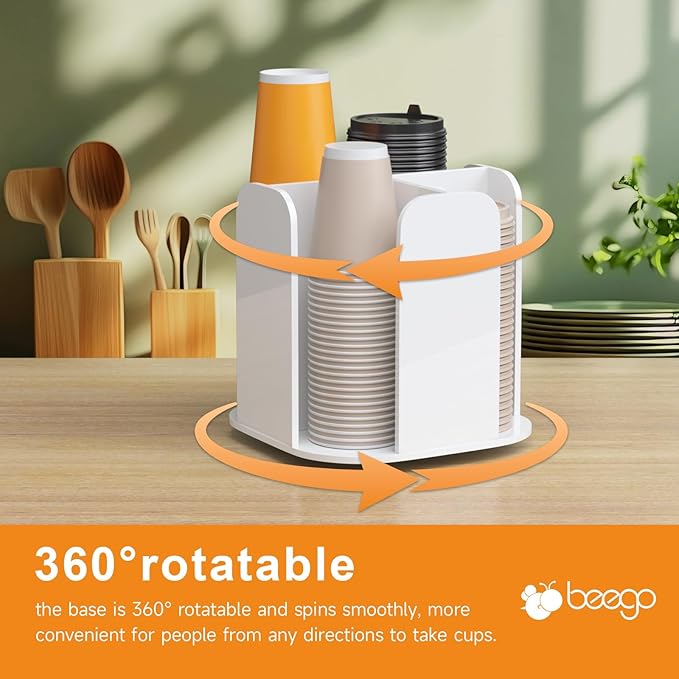 Beego Rotatable 4-Compartment White Acrylic Cup Dispenser - Coffee Station Cup and Lid Carousel Countertop Plastic Cup Holder for Restaurant Breakroom Coffee Bar-NeatNest