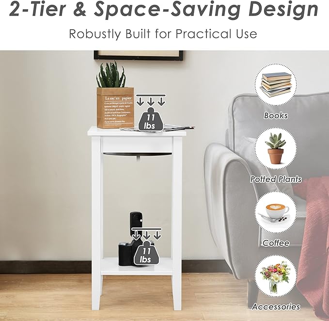 Giantex 2-Tier End Table Tall Nightstand, Simple Design Sofa Bedside Table with Versatile Shelf and Wooden Legs for Small Spaces, Living Room, Study, Bedroom, Narrow Telephone Table, White
