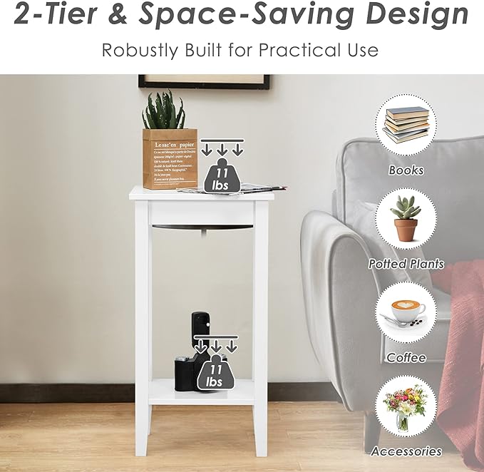 Giantex 2-Tier End Table Tall Set of 2 Nightstand, Simple Design Sofa Bedside Table with Versatile Shelf and Wooden Legs for Small Spaces, Living Room, Study, Bedroom, Narrow Telephone Table, White
