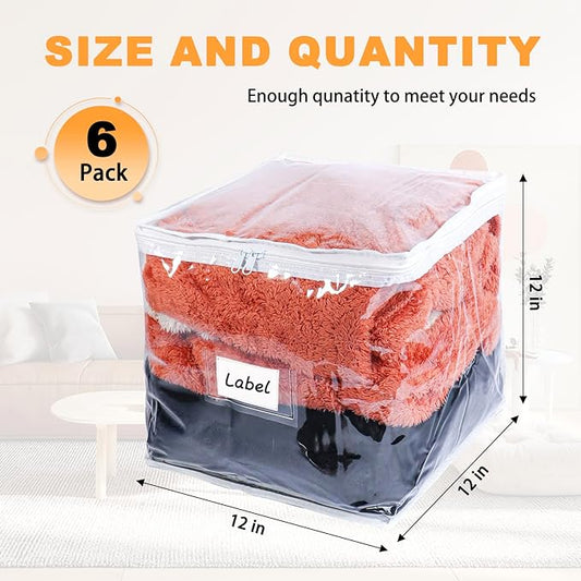 Clear Zippered Storage Bags Plastic Sweater Storage Bags with Zipper 6 Packs Clothing Organizer for Blankets Linen Sweater Bed Sheet Quilt Clothes Pillow (12 x 12 x 12 Inch)-NeatNest