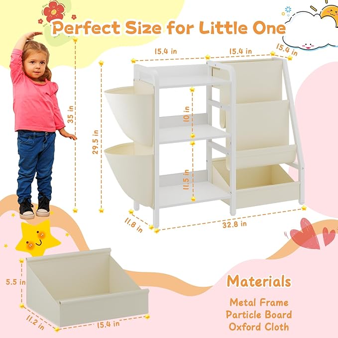 B3 Kids Bookshelf and Toy Storage, Book Shelf for Kids Rooms, Toddler Bookshelf for Small Spaces, 3-Tier Sling Montessori Baby Bookcase for Nursery, Bedroom, Playroom, White