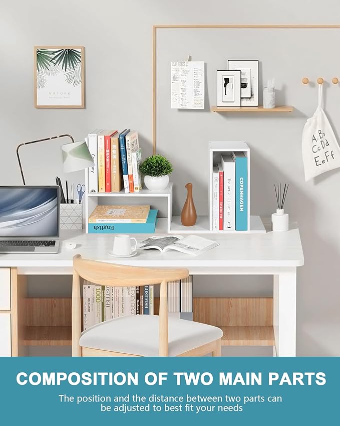 Desktop Shelf Organizer,Adjustable Stackable Office Storage Rack,Wood Display Shelf,White Small Bookshelf for Desktop,Tabletop Desk Shelf,Multipurpose Shelves for Office, Dormitory,Home Decor.-NeatNest