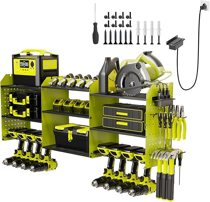 45" Power Tool Organizer Wall Mount with Charging Station - 3 Layer Storage Racks with 8 Cordless Drill Holder, 4 Hooks, Heavy Duty Garage Tool Organizer Storage for Workshop Shed Pegboard Basement