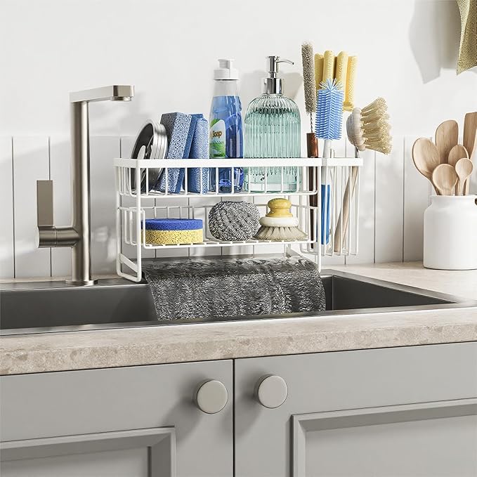 Cisily White 2-Tier Kitchen Sink Caddy Organzier Rack with Flexible Dish Brush Holder, Sponge Holder for Kitchen Sink Countertop Organization Storage,Home Decor Accessories-NeatNest