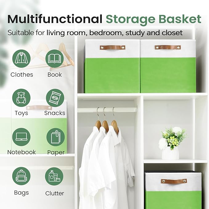 6-Pack Collapsible Fabric Storage Cubes with Handles & Label Holders, Closet Cube Home Organizer Bins (White/Light Green, 13 x 13 x 13 inch)