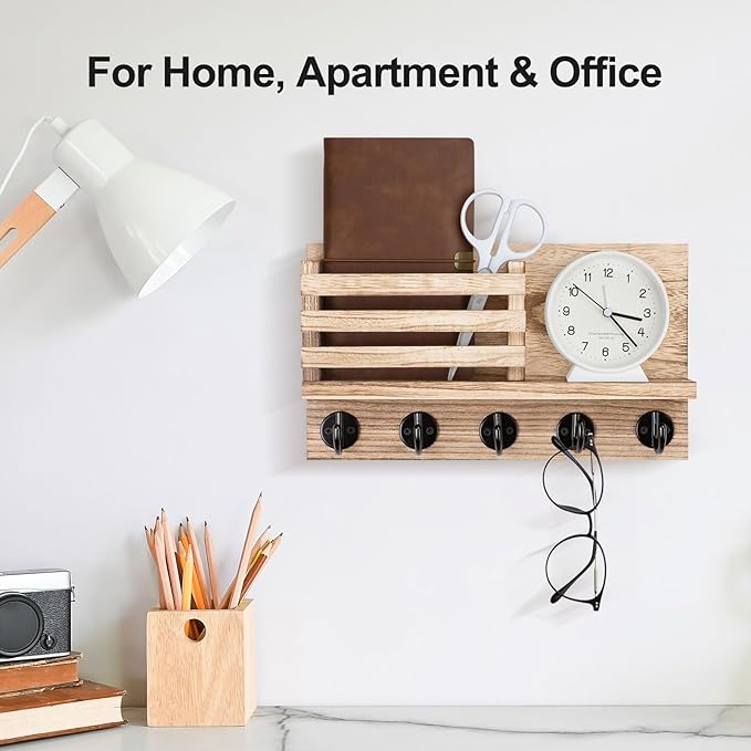Key Holder for Wall – Decorative Wooden Mail Holder and Key Shelf with Mounting Hardware, Installation Guide – Paulownia Wood with 5 Metal Key Hooks (11.8” x 6.7” x 2.8”)