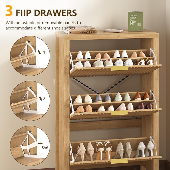 Shoe Cabinet Storage for Entryway, Fluted Shoe Cabinet with 3 Flip Drawers, Hidden Shoe Rack Tall Freestanding Shoe Organizer with Legs for Hallway, Wood-NeatNest