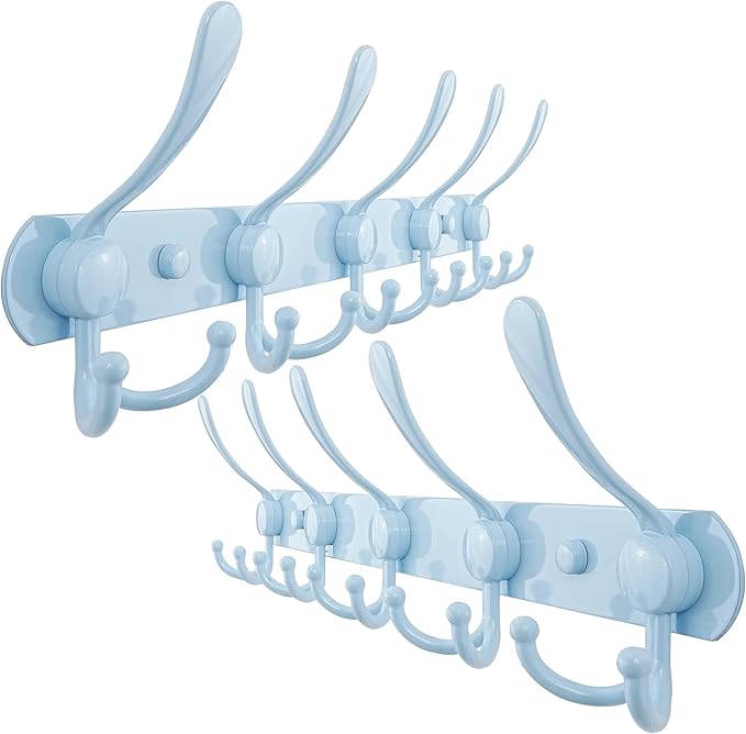 Dseap Coat Rack Wall Mounted - 5 Tri Hooks, Heavy Duty, Stainless Steel, Metal Coat Hook Rail for Coat Hat Towel Purse Robes Mudroom Bathroom Entryway (Blue, Pack of 2)-NeatNest