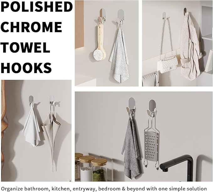 Adhesive Towel Hooks for Bathrooms 4 Pack Polished Chrome Stainless Steel and Zinc Alloy Sticky Wall Hooks for Hanging Heavy Duty Self Adhesive Robe Shower Hanger for Kitchen, Closet, Cabinet, Door