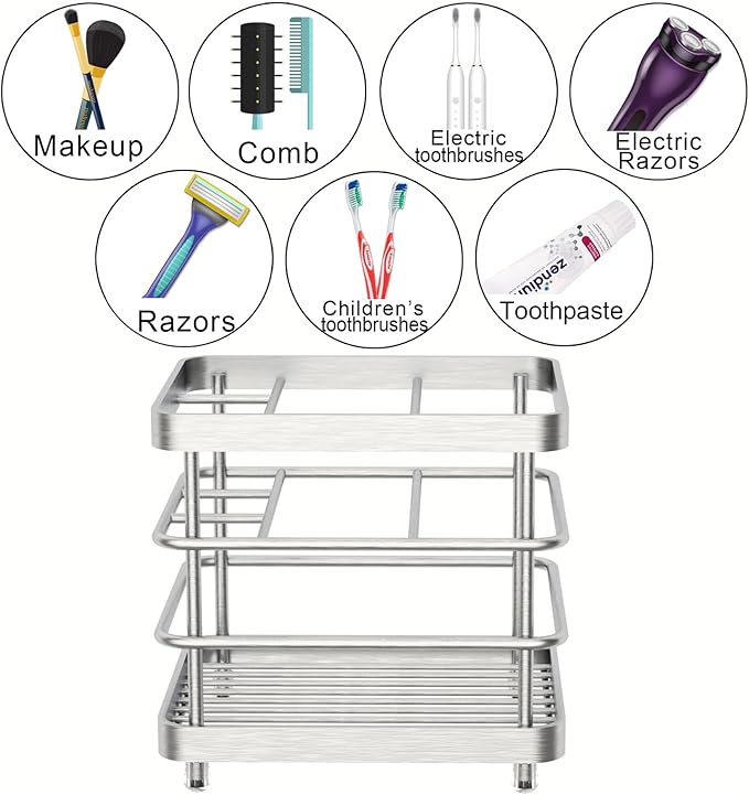 Bathroom Toothbrush Holder Toothpaste Holder, Stainless Steel 5 Slots Bathroom Organizers and Storage, Electric Tooth Brush Toothpaste Holder for Bathroom Countertop, Silver