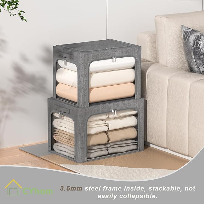 3 Openings Clothes Storage Bins Box - 3Pack Stackable Foldable Bin With Metal Frame - Clothing Organizer With Clear Window, Carry Handles (36L-15.7x11.8x11.8in, Dark Grey)-NeatNest
