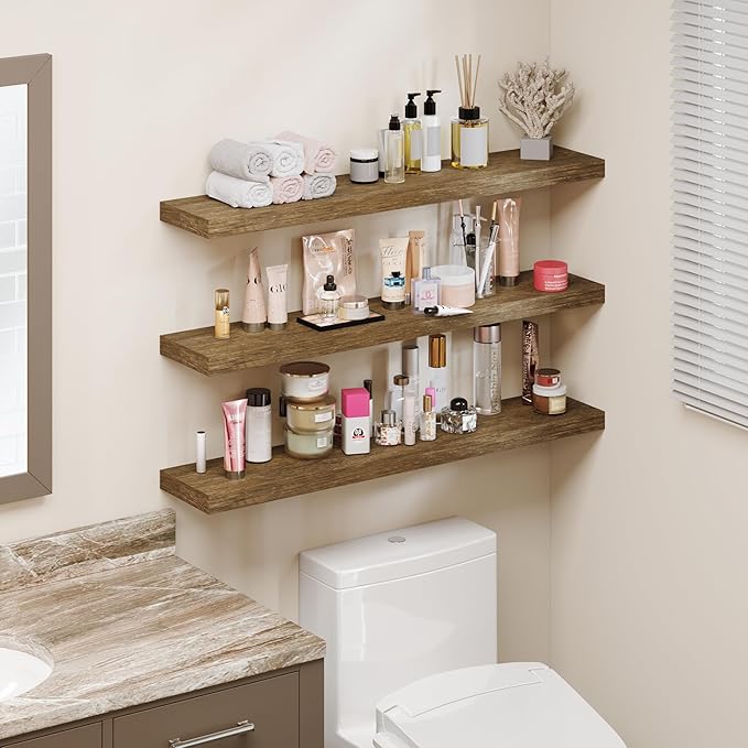 BAMEOS Floating Shelves,40 in W x 8in D Wall Mounted Wooden Shelves with Invisible Brackets Set of 3, Hanging Wall Shelves Decoration for Bedroom, Bathroom, Living Room and Kitchen-NeatNest