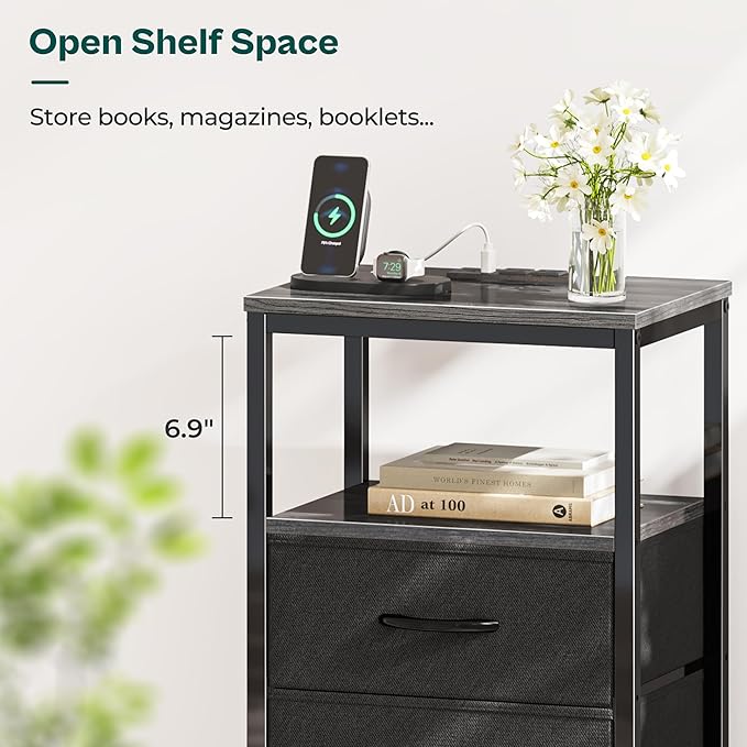 Huuger Nightstands Set of 2, End Tables with Charging Station, Side Tables with Fabric Drawers, Bedside Tables with USB Ports and Outlets, Night Stands for Bedroom, Charcoal Gray