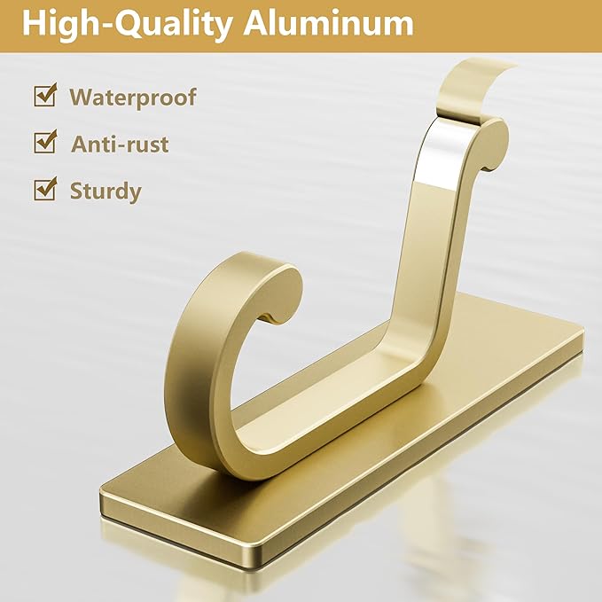Gold Self Adhesive Wall Hooks for Coats - Stainless Heavy Duty Double Hook for Clothes, Towel, Keys, Purse, Backpack, Bag, Hat, 6 Pack Coat Hook for Door, Bathroom, Bedroom.