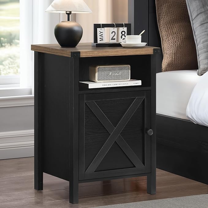 Black Farmhouse Nightstand, Side Table, End Table with Barn Door and Shelf, Rustic Modern Bed Night Stand for Bedroom, Living Room-NeatNest