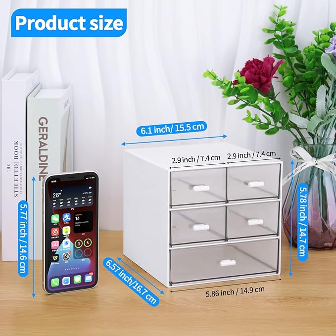 Desk Organizer with 5 Drawers, Rectangular Office Stationery Supplies Desktop Drawers, Plastic Makeup Storage, Suitable for Office, School, Home (White & 5 Drawers)-NeatNest