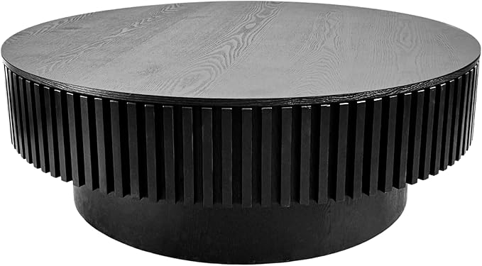 kevinplus 39.37'' Black Round Coffee Table Modern Wood Circle Fluted Drum Pedestal Coffee Table with Storage Space for Living Room, Easy Assembly, Black