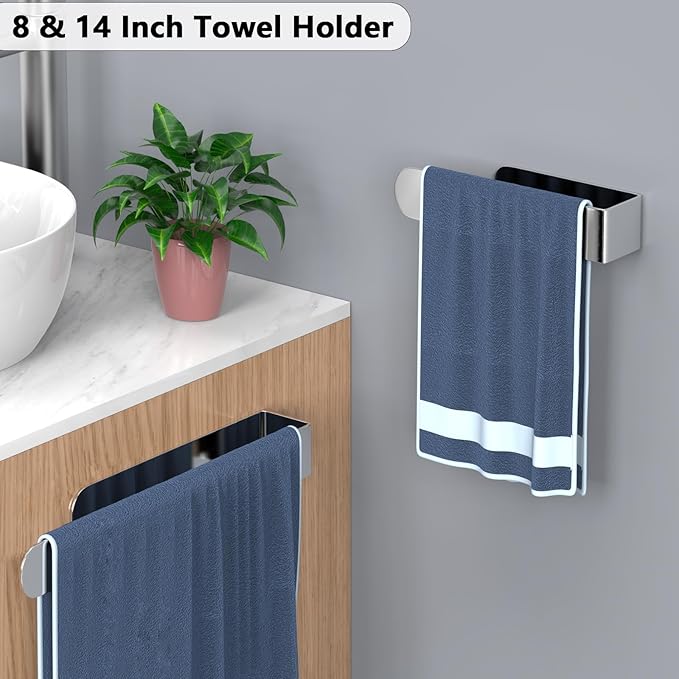 HUFEEOH Adhesive Hand Towel Holder, 8 Inch Sticky Towel Bar and 14 Inch Towel Holder Wall Mounted, Stainless Steel Kitchen Towel Holder Hand Towel Rack for Bahtroom Hotel RV (Polished Silver-8"&14”)