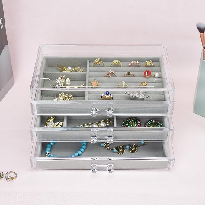 Acrylic Jewelry Box 3 Drawers, Velvet Jewellery Organizer, Earring Rings Necklaces Bracelets Display Case Gift for Women, Girls