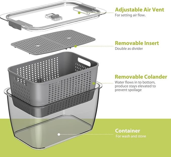 Fresh Fruit Vegetable Storage Containers, 3 Pack Produce Saver Container for Fridge with Lids &Removable Colander BPA-Free Refrigerator organizer for Fruit, Veggie Berry, Meat Keep Fresh Longer- Grey