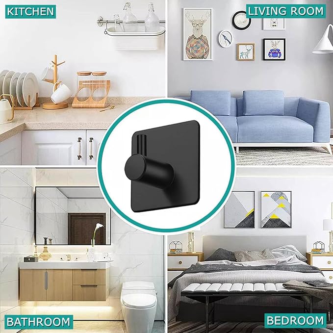 Adhesive Hooks 4 Pack Heavy Duty Stick on Wall Hooks Robe Towel Hooks Waterproof Stainless Steel Black Self Adhesive Hook for Hanging Clothes Bathroom Sticky Hooks