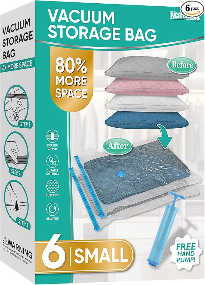 Space Saver Vacuum Storage Bags, 6 Pack Space Saver Bags with Pump, Storage Vacuum Sealed Bags for Clothes, Comforters, Blankets, Bedding (6 Small)-NeatNest