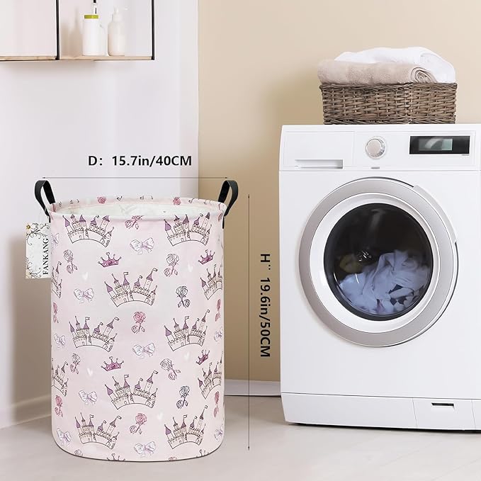 FANKANG Storage Basket, Nursery Hamper Canvas Laundry Basket Foldable with Waterproof PE Coating Large Storage Baskets for Kids Boys and Girls, Office, Bedroom, Clothes,Toys(Princess Castle)
