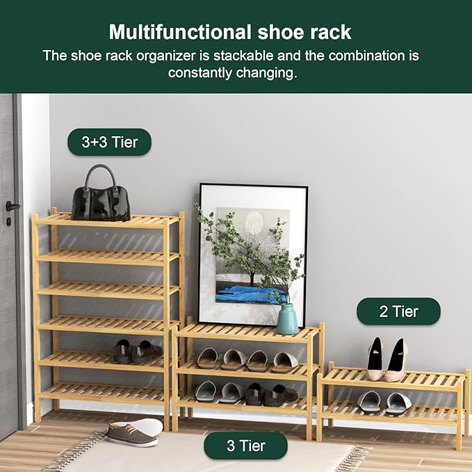 Bamboo Shoe Rack 2-Tier Organizer-Stackable Storage Shelf with Multi-Function Combinations-Free Standing Shoe Racks for Closet,Entryway,Hallway,Bathroom,Living Room Shoe Organization (Natural, 2-Tier)-NeatNest