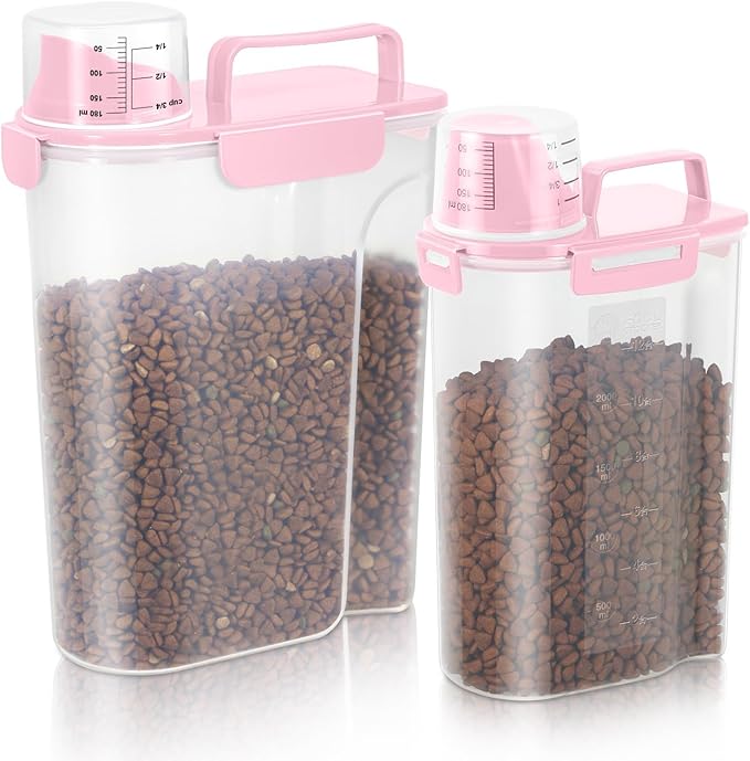 Dog Food Storage Container, Upgraded Large Nozzle BPA-free, 8-12 LBS Plastic Pet Food Storage Containers, With 4 Sealed Clasps, 1 Measuring Cup and Handle (2, Light Pink (3L+5L), (3L+5L))-NeatNest