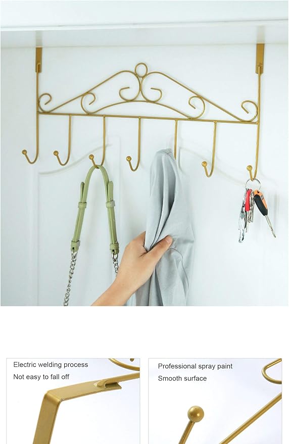 eywlwaar Gold Over The Door Hooks 7 Hanger Rack Heavy Decorative Metal Rack for Home Use Hats Coats Key Bag Clothes Scarfs Hooks (Golden)-NeatNest