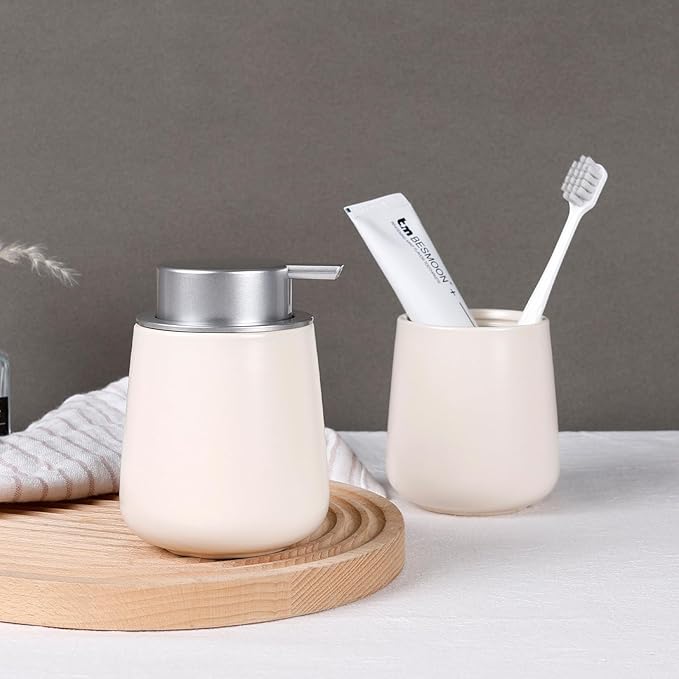 BosilunLife Hand Soap Dispenser - Beige & Grey 12Oz Ceramic Soap Dispenser Bathroom Refillable Liquid Dispenser for Dish Soap with Easy-to-Press Pump-NeatNest