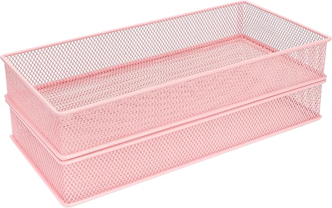 Annova Mesh Stackable Drawer Cabinet and Shelf Organizer Bins Storage Basket School Office Supply Holder Tray- Set of 2 (Light Pink, 6x12x2 Inch)-NeatNest