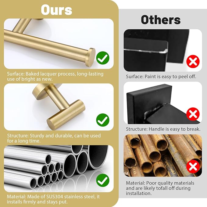 Bathroom Towel Holder Set, 6 Pieces Brushed Gold Towel Bar Bathroom Hardware Accessories Set, SUS304 Stainless Steel Towel Rack Towel Ring Toilet Paper Holder Set Wall Mounted
