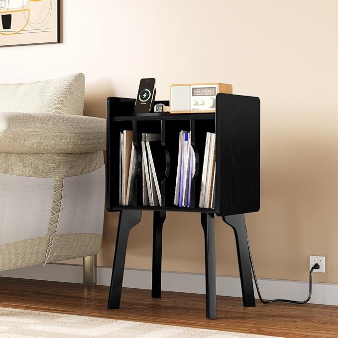 EOYUTLLY Mid Century Modern Nightstand End Table Side Table with Storage ,Wood Small Side Coffee Table for Living Room and Bedroom,Black (with Socket, Black)