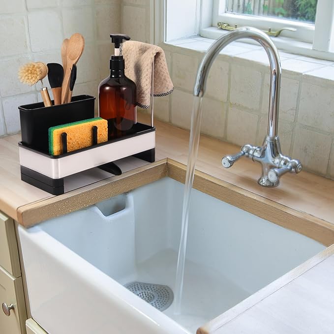 Dish Sponge Holder - Stainless Steel & PP Sink Caddy, 360° Rotatable Self-draining, Space-Saving Kitchen Sink Organizer with Removable Dish Cloth Rack (Black)-NeatNest