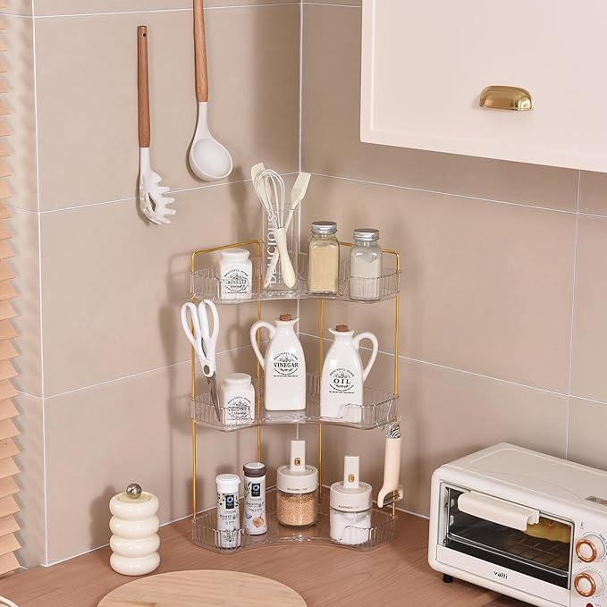 3 Tier Plastic Bathroom Counter Organizer with Hooks,Corner Vanity Tray and Makeup Storage Shelf for Sink, Countertop (White Gold)-NeatNest