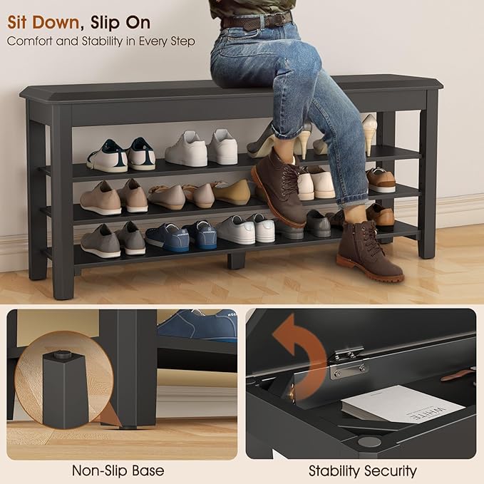 Shoe Rack Bench Seat Rubberwood 3-Tier Wooden Storage Bench 550lbs Compact Mid-Century Modern Design for Entryway, Hallway, Closet, Front Door Entrance, Foyer