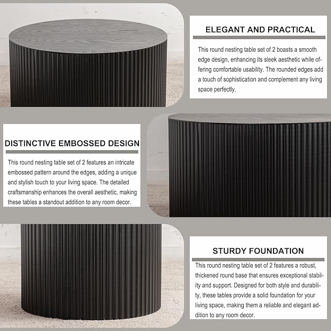 Nesting Coffee Table Set of 2 Wood Circle Drum Coffee Tables Set Contemporary Fluted Coffee Table Round Wooden Coffee Tables for Living Room & Small Space (Black, 18.9 +14.9in)