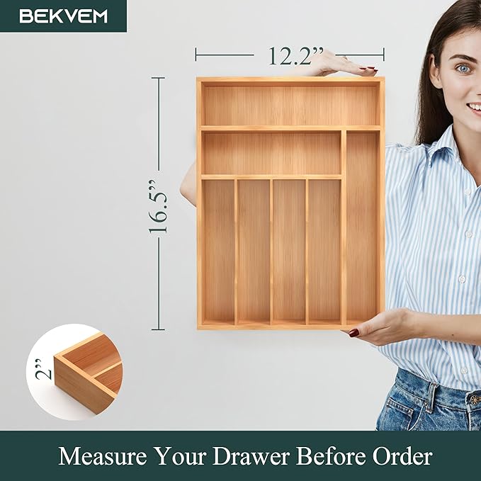 Bamboo Silverware Organizer, Kitchen Drawer Organizer, Utensil Holder, Cutlery Tray & Spoon Flatware Storage with Grooved Drawer Dividers (7 Slots, Natural)-NeatNest