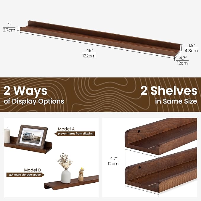 Floating Shelves for Wall 48 Inch | Picture Ledge Shelf Set of 2 | Solid Ash Wood Floating Shelves with Lip | Dark Wood Picture Shelf for Wall with Ledge | Photo Ledge Shelves-NeatNest