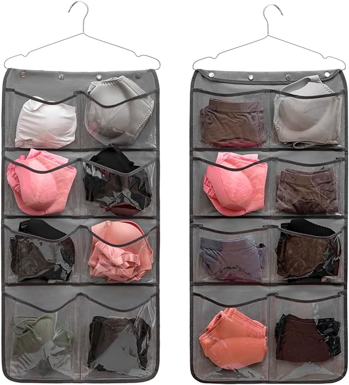 Dual Sided Hanging Closet Organizer Durable Socks Stocking Clothes Bra Accessories Storage Bag With 16 Large Pockets (Clear PVC Pockets)-NeatNest
