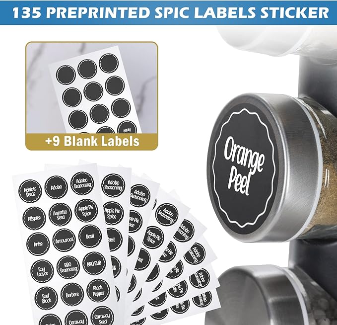 Black Countertop Rotating Spice Rack, 16-Jars Revolving Spice Rack Organizer Tower, 135 Spice Labels with Funnel Complete Set, Seasoning Organizer for Kitchen Countertop, Cabinet-NeatNest